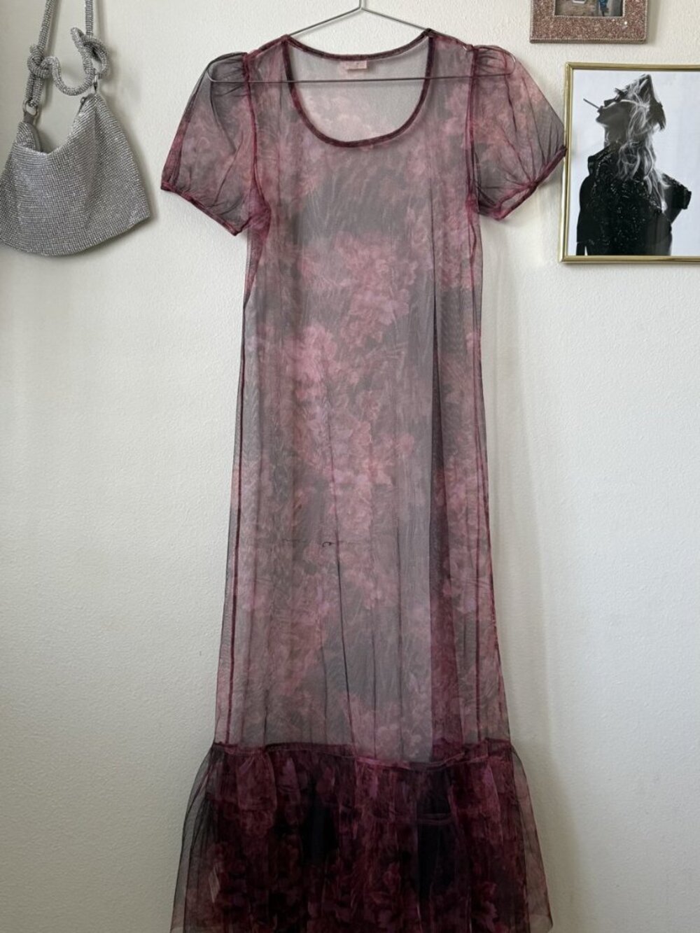 Intimately Free People Sheer Floral Mesh Maxi Dress Puff Sleeve Ruffle Hem XS